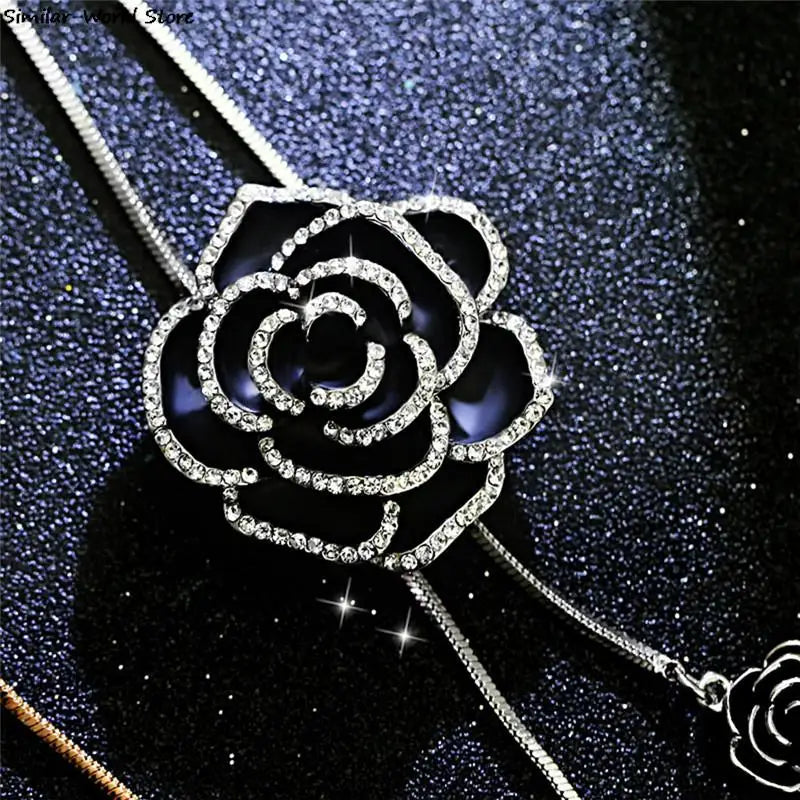 1PC Crystal Zircon Metal Chain Flower Pendant Black Rose Long Necklace Sweater Chain Adjusted Fashion Party Jewerly For Women