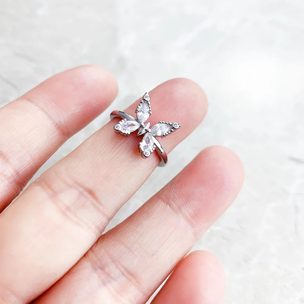 Ring Happy Butterfly White Stones Europe Fine Jewerly For Women Summer Romantic Gift In 925 Sterling Silver