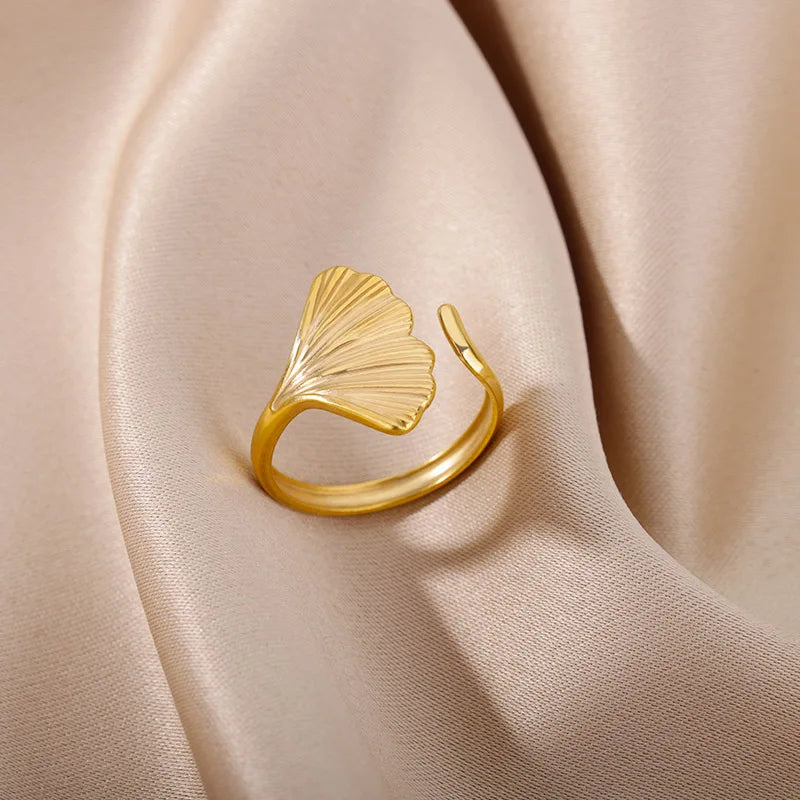 Vintage Ginkgo Leaf Rings For Women Stainless Steel Adjustable Open Finger Ring Wedding Aesthetic Party Jewerly anillos mujer