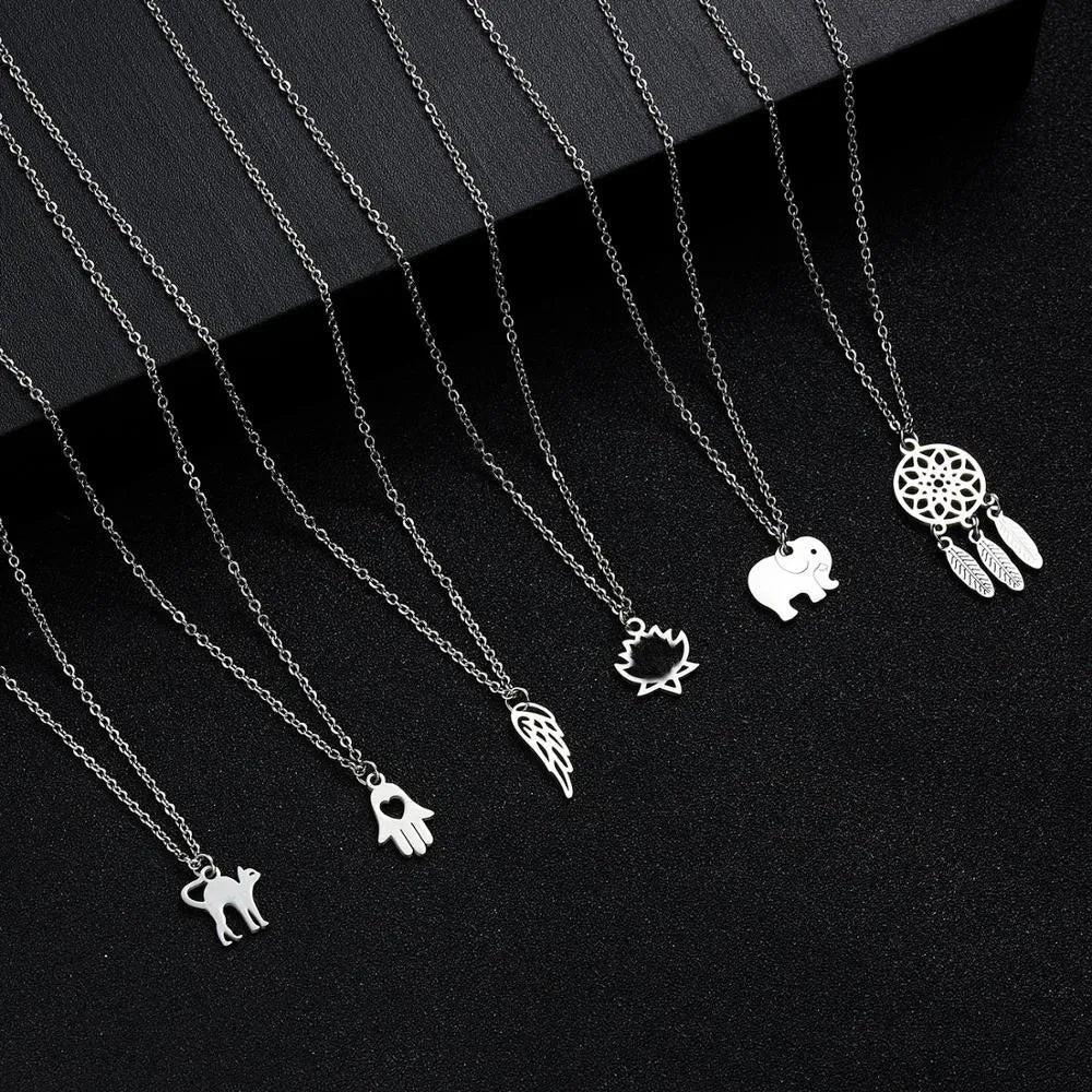 Women Fashion Yoga Pendant Necklaces Stainless Steel Elephant Cat Dream Catcher Choker Long Chain Necklace Jewerly Gifts