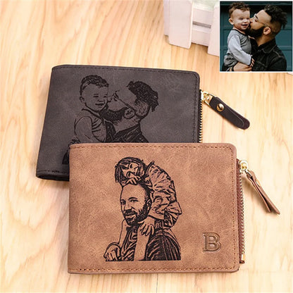 Personalized Custom Photo Wallet for Men with Zipper Coin Pocket Engraved Picture & Text Wallets Christmas Gift for Him