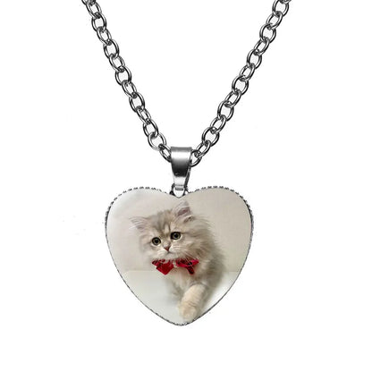 Fashion Cute Cat Kittens Heart Necklace Animals Glass Cabochon Pendant Necklace Woman Child Pets Lovers Jewelry Accessorie Gifts