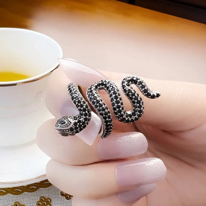 Open-end Black Snake Pave Ring,Europe Style Glam Fine Jewerly For Women Gift In 925 Sterling Silver