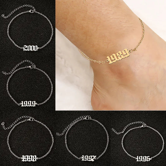 1980-2000 Birth Year Initial Anklet Bracelet Old English Font Anklets for Women 1997 1998 1999 Anklet Leg Chain Foot Jewerly
