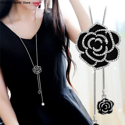 1PC Crystal Zircon Metal Chain Flower Pendant Black Rose Long Necklace Sweater Chain Adjusted Fashion Party Jewerly For Women